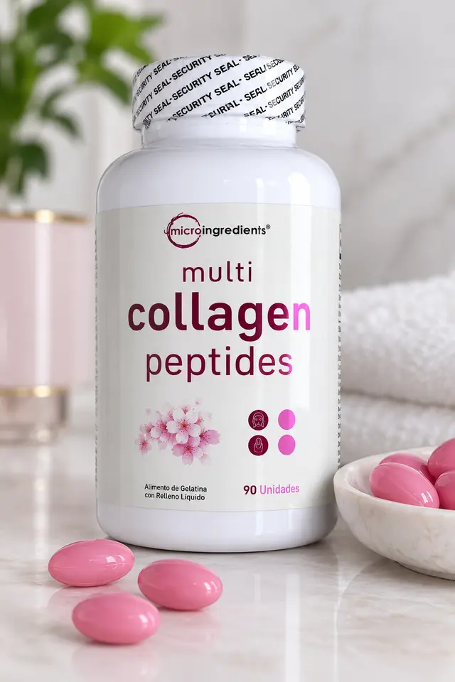 Frasco de Multi Collagen Peptides con cápsulas blandas rosadas